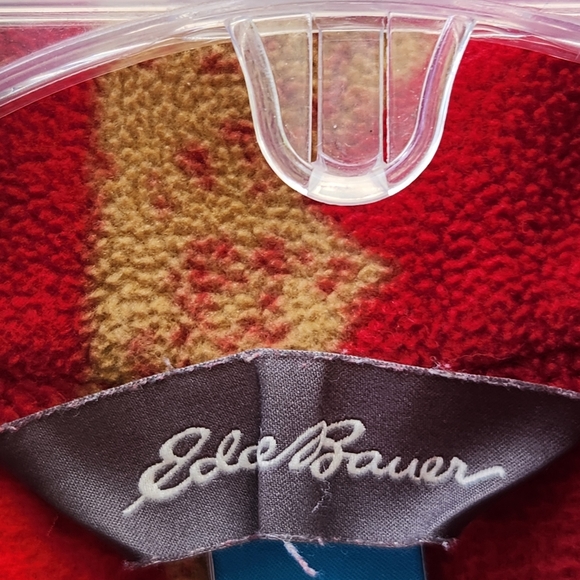 EDDIE BAUER Mens Pullover Medium Red Fleece Quarter Zip Geometric Pocket - Picture 13 of 13